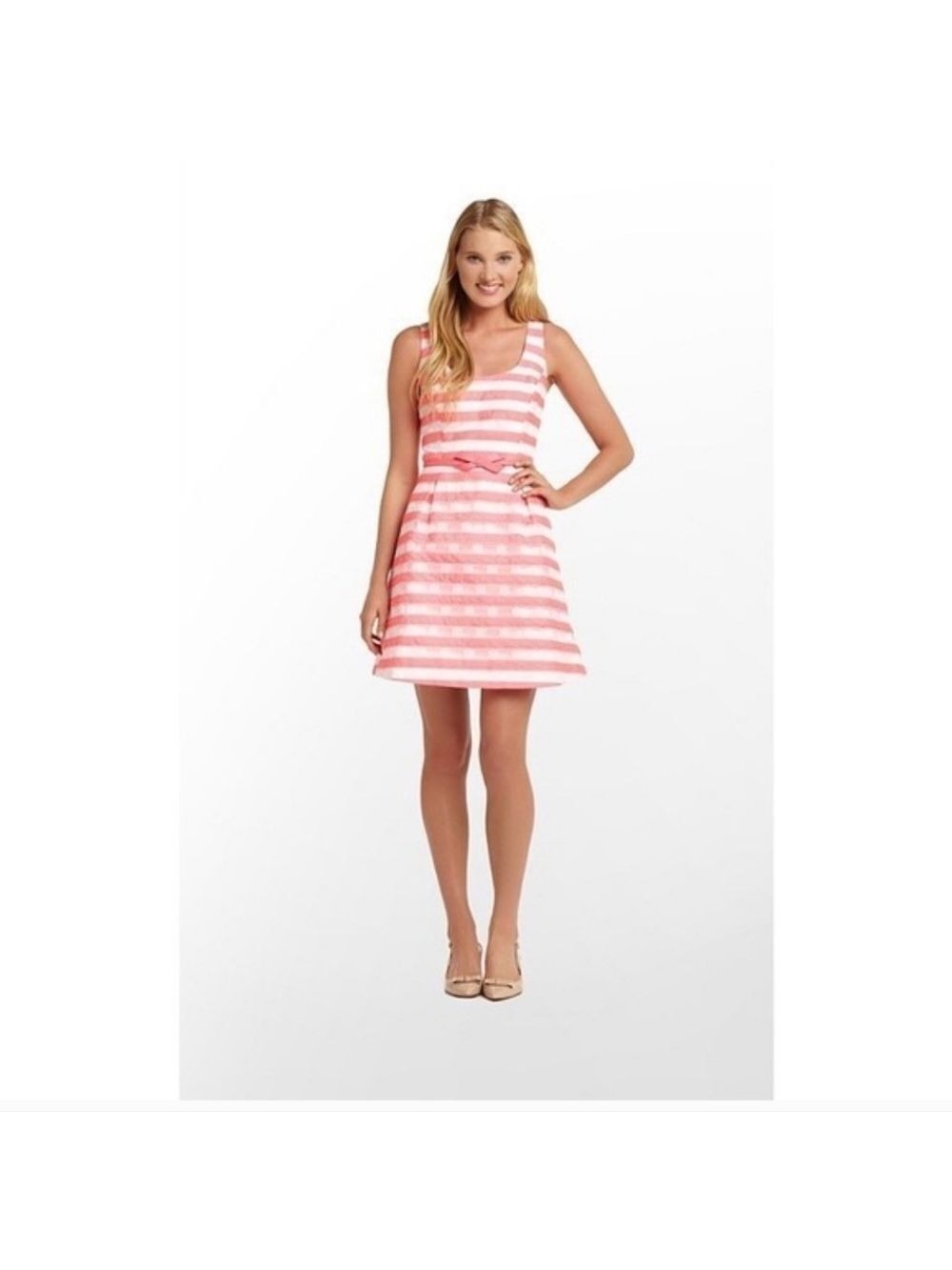 Lilly Pulitzer Fit and Flare Joslin Dress Fiesta Pink Ribbon Floral Stripe Large